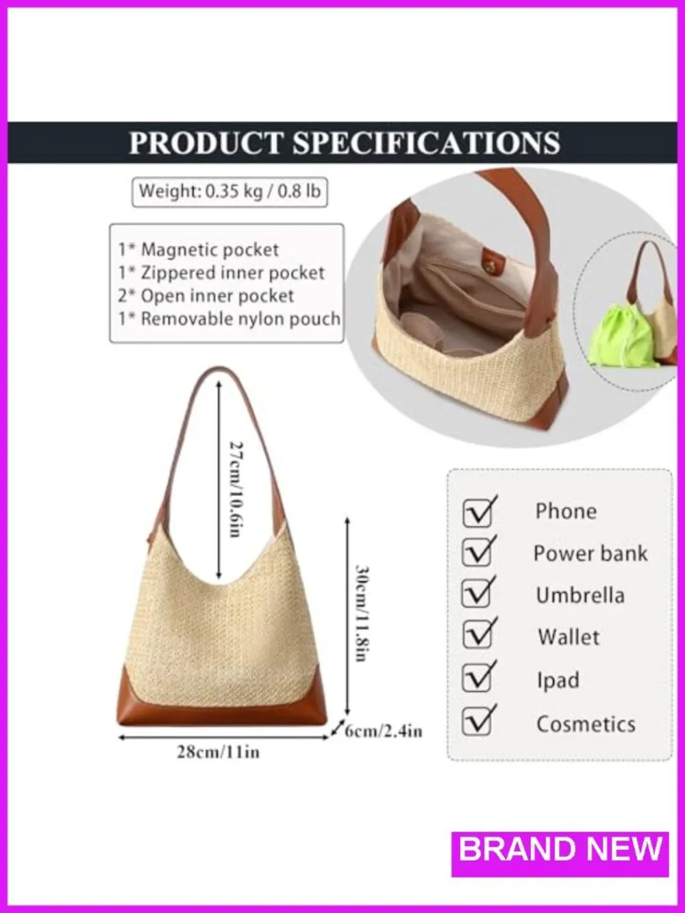 Straw Tote Bag Woven Slouchy Hobo Raffia Purse Beach Vacation Shoulder Handbag